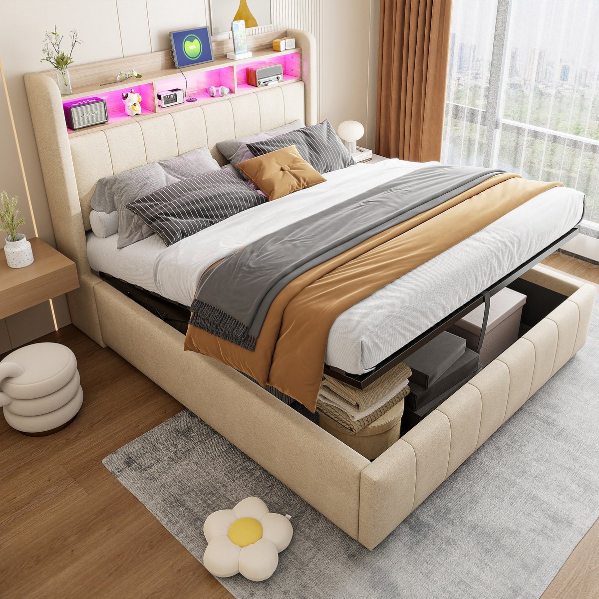 PHOEBE CAT Gestoffeerd bed - 140×200 cm - LED-verlichting - USB/Type-C - Opbergruimte - Linnen - Beige