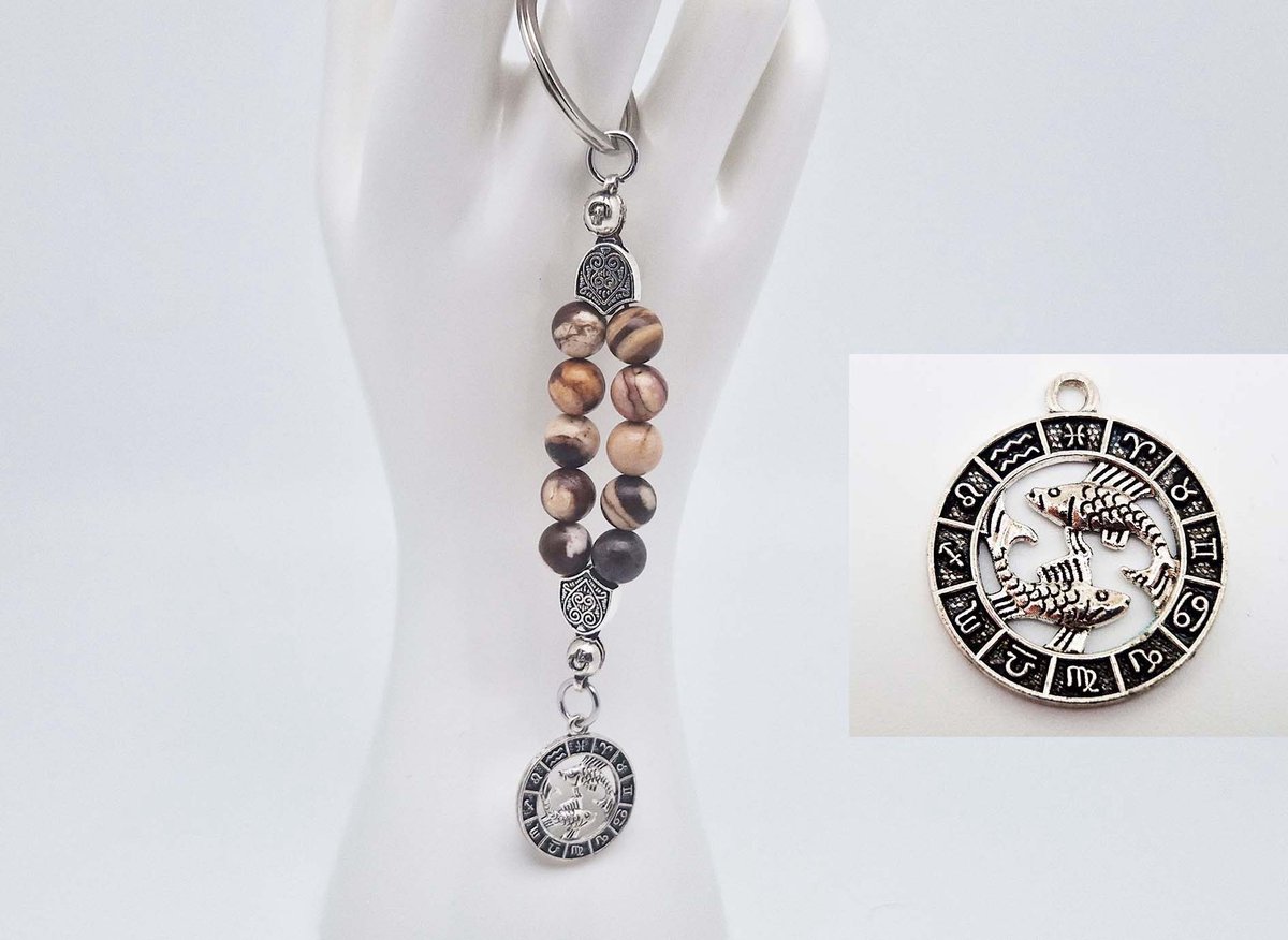 Handgemaakte Natuurstenen Sleutelhanger " Australia zebra jasper "- Met metaal hanger - 8 mm diameter van de korrel- Mooie accessoire en decoratie voor de auto-Vaderdag Cadeau -Moderdag Cadeau - Cadeau vrienden
