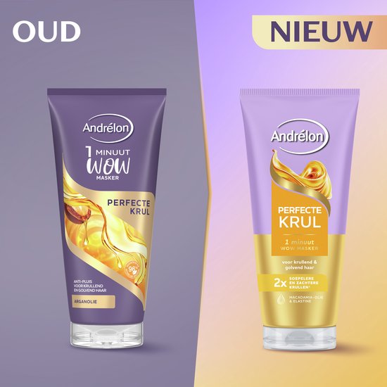 Vergelijking tussen de oude en nieuwe verpakking van "Andrélon Perfecte Krul 1 Minuut WOW Masker".