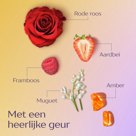 Een rode roos, aardbei, framboos, lelietje-van-dalen en twee stukjes amber. Tekst "Met een heerlijke geur".