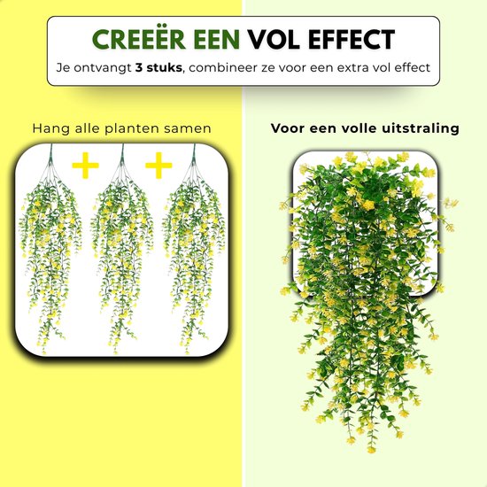 Drie hangende kunstplanten met groene bladeren en gele bloemen, met de tekst 'CREËËR EEN VOL EFFECT'.