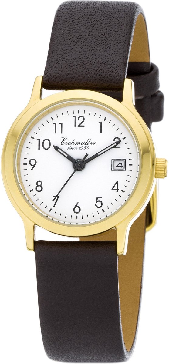 Eichmüller Klassiek Dameshorloge met Datum - Goud Edelstaal - Bruine Horlogeband - Witte Wijzerplaat - Quartz Uurwerk - 26 mm