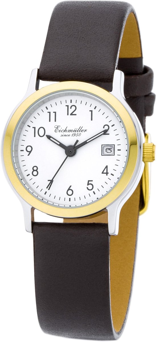 Eichmüller Klassiek Dameshorloge met Datum - Bicolor Edelstaal - Bruine Horlogeband - Witte Wijzerplaat - Quartz Uurwerk - 26 mm