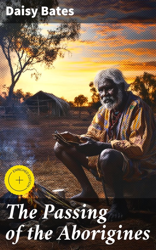 De passerende van de Aboriginals. Een oude Aboriginal-man zit bij een vuur, gekleed in een kleurrijke gewaad.