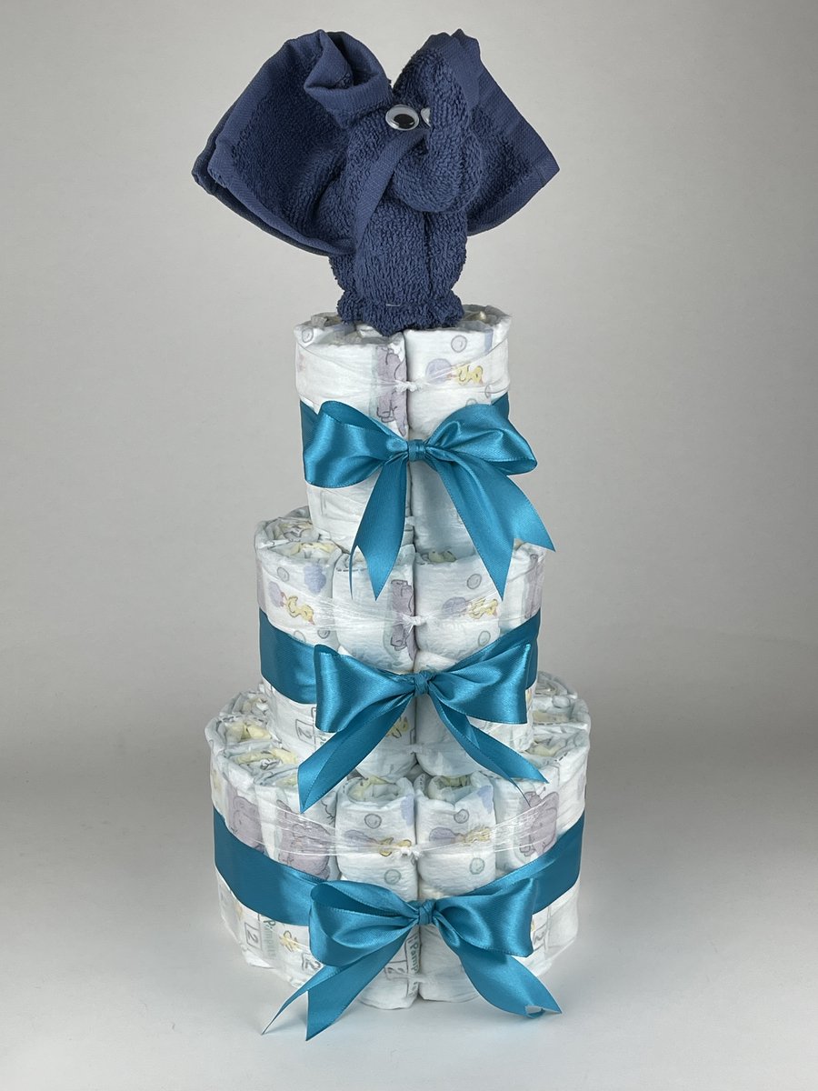 Chouette-Chouette | Luiertaart Jongen | Kraamcadeau | Geboorte Jongen | Babyshower | Olifant Silk blauw - Petrol