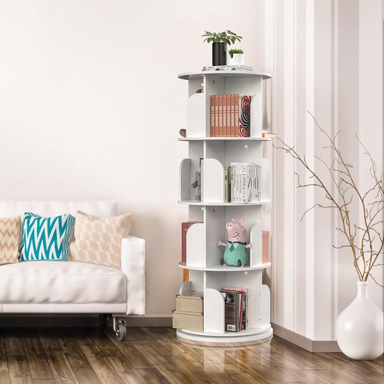 Rotating Bookshelf 4 Layers Bookshelf Wood Open Bookcase Rotatable Bookshelf with 4 Levels Rotating Book Organizer Books Storage Shelf for Study Room Bedroom Living Room Office White