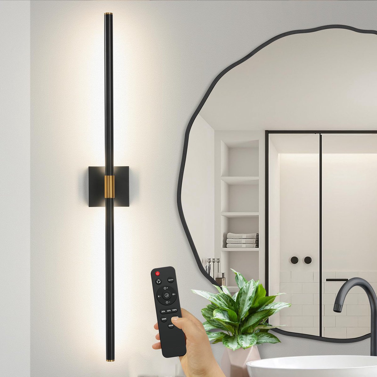 Rosnek Draadloze Oplaadbare Wandlamp Binnen met Afstandsbediening - Touch Control, Dimmbaar, 3000-6000K Kleurentemperatuur - 10000 mAh Batterij, 330° Draaibaar, 72cm Voor Woonkamer, Slaapkamer & Hal
