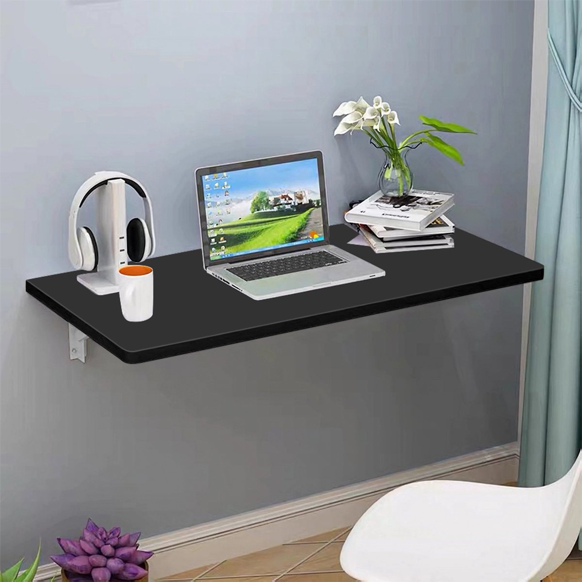PIPIPOXER Wandtafel, opklapbare tafel, keukentafel, bureau, eettafel, opvouwbaar, 60x30cm, zwart