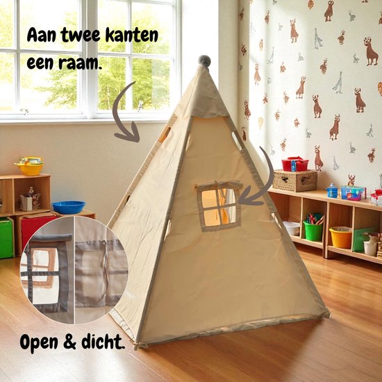 ToyStreet Tipi Tent Kinderen - Eenvoudig Opzetten - Speeltent - incl. Anti-Slip Mat & Verlichting - Crème — afbeelding 3