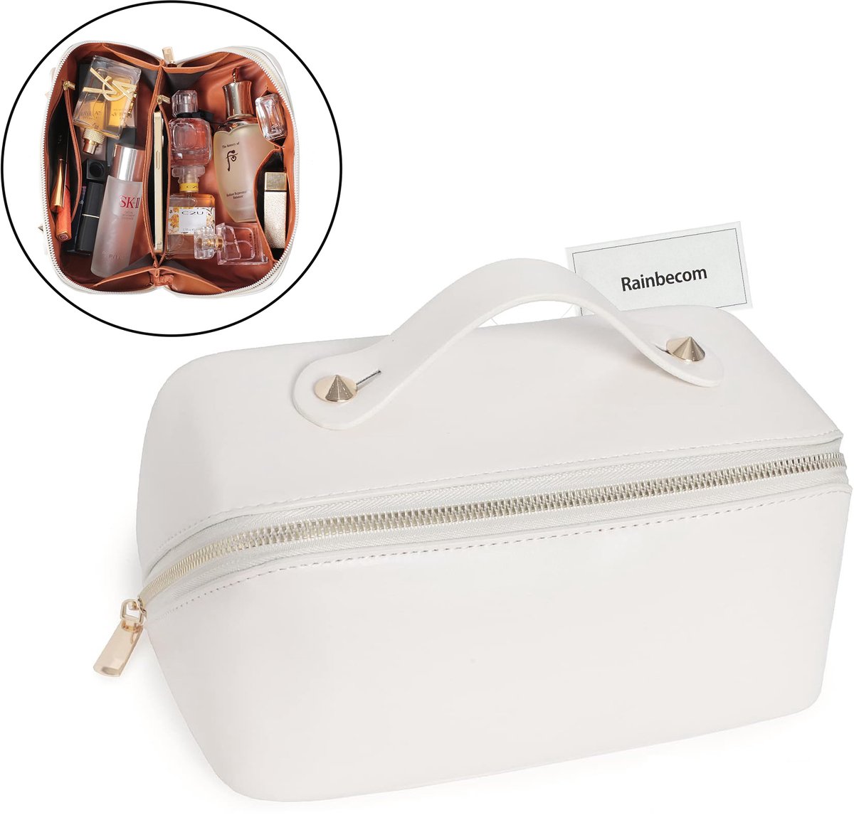 Rainbecom - Make-uptas Dames – Grote Capaciteit Toilettassen – Lay-flat Luxe PU Toilettas – Wit – Reistas Cosmetica Tas – Reistoilettas - Cadeau
