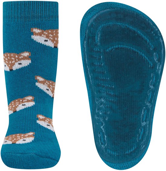 Turquoise sokken met een patroon van vosjes. De zool is voorzien van antislip.