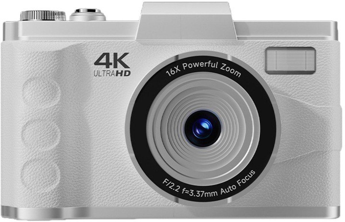 Digitale camera - Autofocus 4K Vlogging-camera met SD-kaart, 64MP draagbare compacte point-and-shoot digitale camera voor tieners en volwassenen met 16x zoom, anti-shake, 2 batterijen (wit)