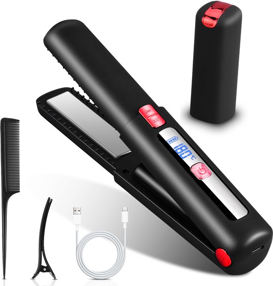 JVJH Mini-reisstijltang draadloze stijltang 2-in-1-stijltang krullen & steilen 160℃-220℃ keramische coating, nat en droog gebruik, 7 temperatuurstanden, met hitteschild veiligheidsschakelaar LCD-display
