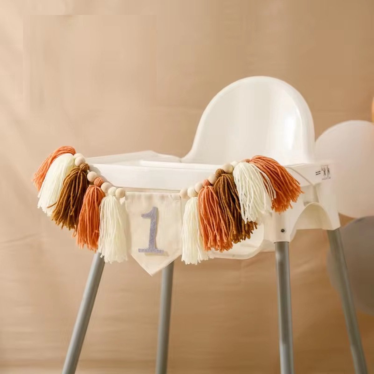 Feestpakket Verjaardag Kindje 1 jaar, 2 jaar, 3 jaar - Aardetinten en Hout - Verjaardagskroon - Verjaardagsslinger met Tassels - Toverstafje - Happy Birthday Houten Bord - Taarttopper — afbeelding 3