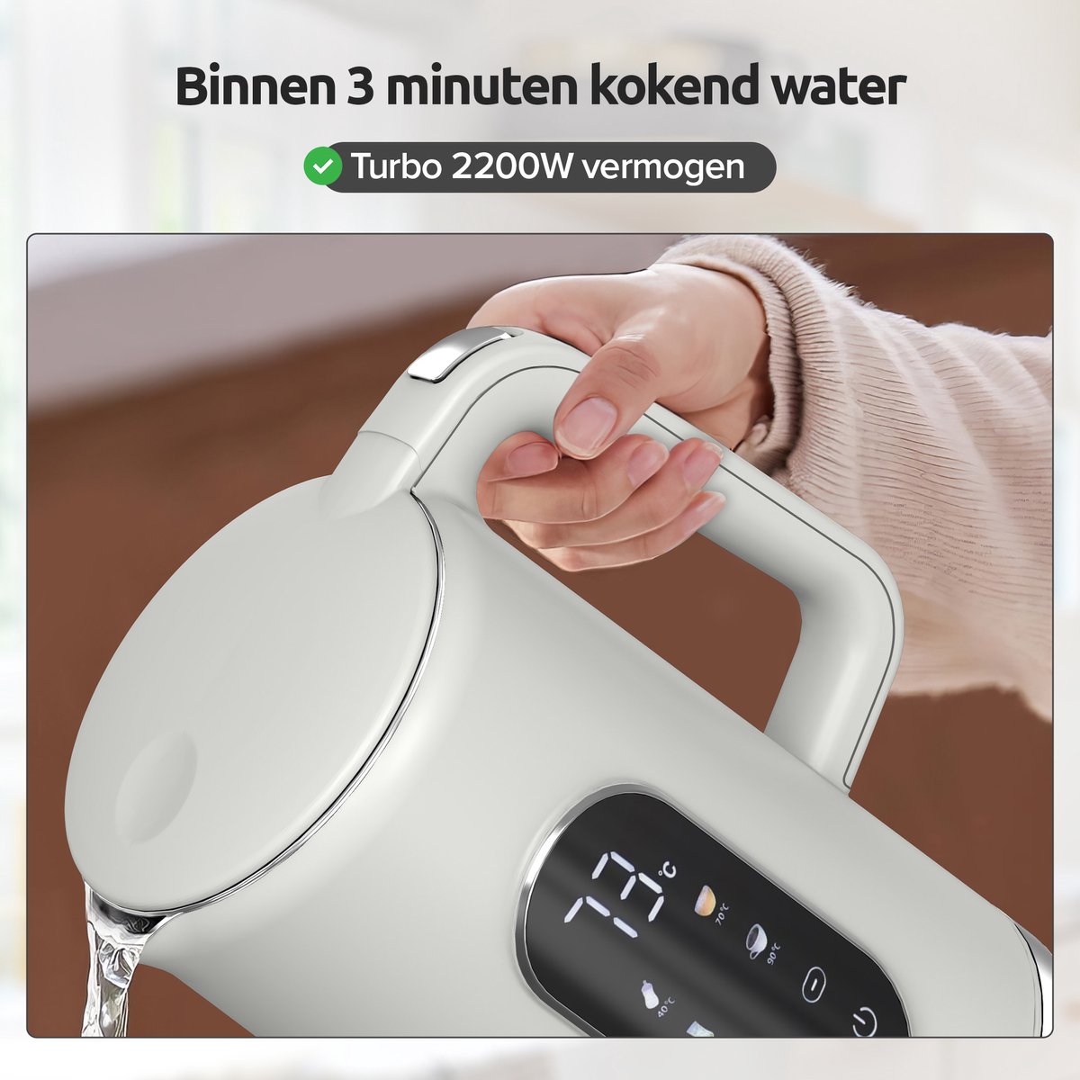 Olvy Waterkoker met Temperatuurregeling - Crème - Warmhoudfunctie - RVS - Dubbelwandig - Elektrisch - 1.7 Liter - 2200W — afbeelding 4