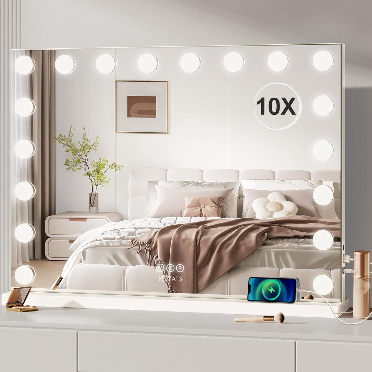 Bol.com Royals Hollywood Spiegel 80x60CM - 18x Led Lampen - USB + USB-C Oplaadpoort - 10x Vergroting - 3 lichtstanden - Dimbaar ... aanbieding