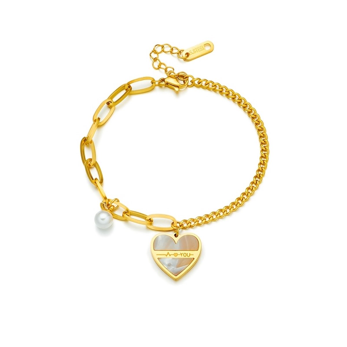 Sjika - Gouden Armband met Hart Hanger & Parel – Liefdes Armband – Verstelbaar – Luxe Dames Sieraad