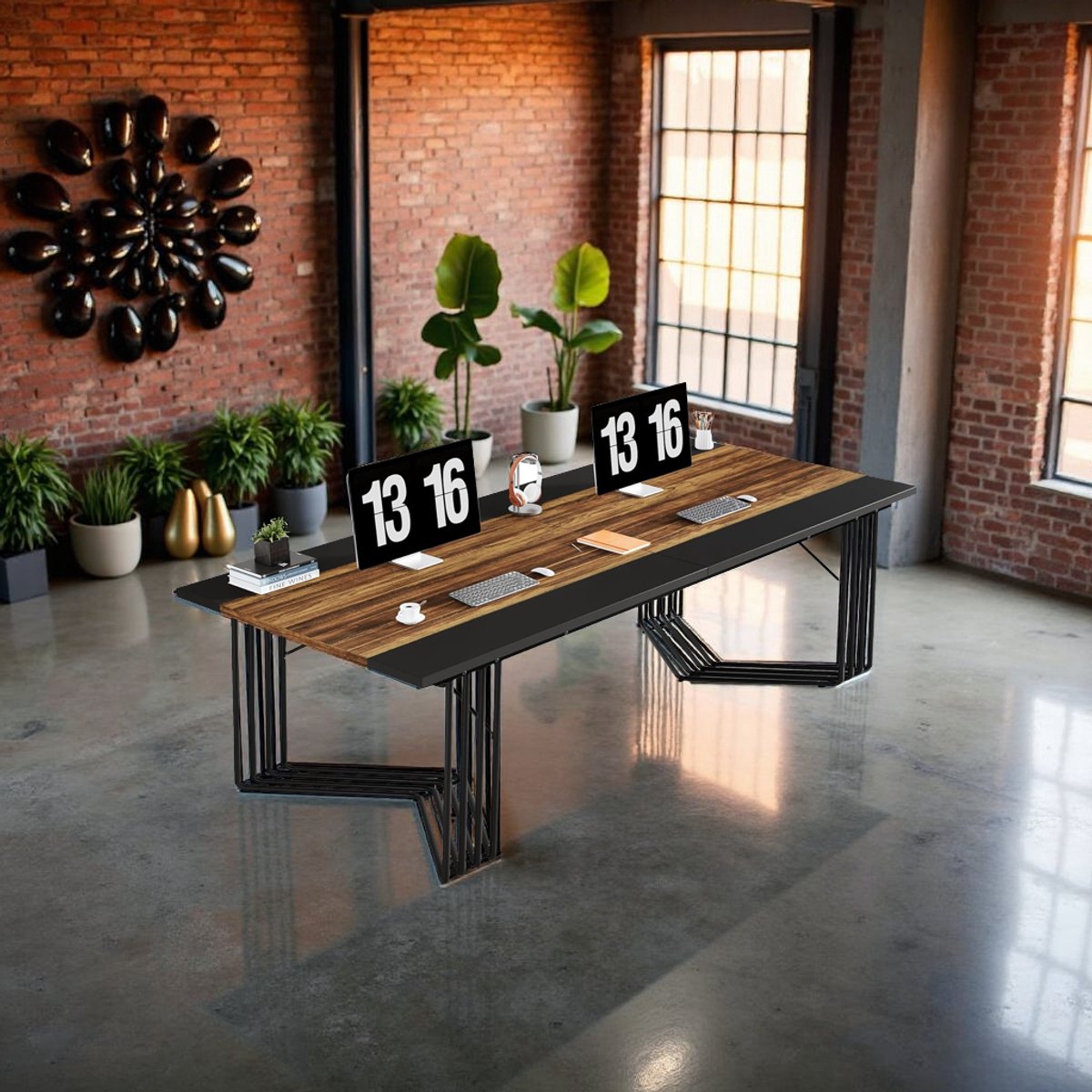 Industrieel Bureau – Groot Computer Bureau 200 cm – Dubbele Werkplek & Vergadertafel – Stevig PC Schrijf- en Kantoor Tafel met Metalen Frame – Rustiek Bruin Zwart – HomeByNicole
