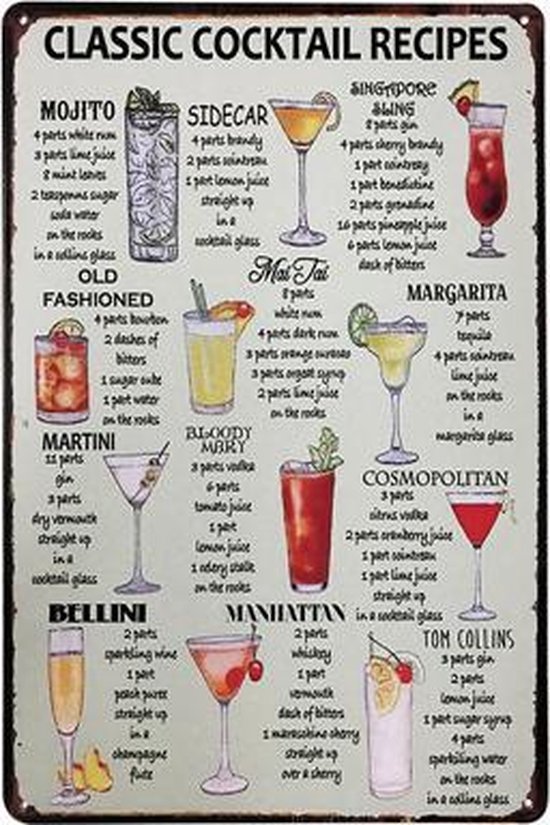 Leuk Cocktail Recepten Bord - Recipe Sign - Decoratief - Horeca - Bar -  Wandbord - Metaal | bol.com