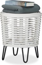 relaxdays kruk rotan - ronde zitkruk - design voetenbank - gevlochten stoel - 4 poten wit