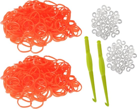 600 fluo oranje Loom Bands met 2 weefhaken en S-clips