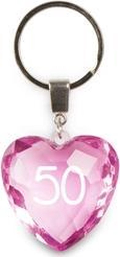 sleutelhanger - 50 jaar - diamant hartvormig roze