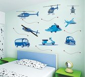 Vrolijke Premium Prachtige Muursticker Stoere Jongens Vliegtuig Helicopter Brandweerauto  - Voor Kinderkamer / Babykamer / woonkamer V2