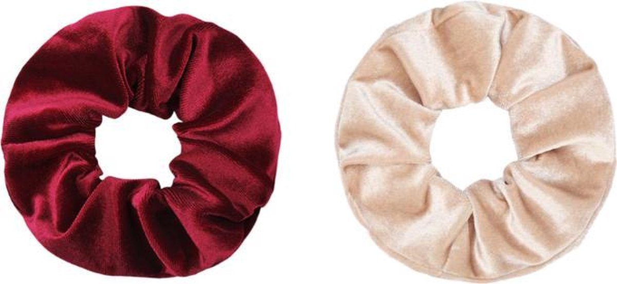 Jumalu scrunchie velvet haarwokkel haarelastiekjes - bordeaux en beige - 2 stuks