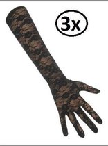 3x Paar handschoenen kant lang zwart