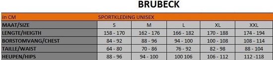 Maattabel voor Brubeck sportkleding unisex met maten S tot XXL.