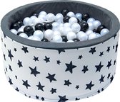 Ballenbak - stevige ballenbad - sterrenpatroon -90 x 40 cm - 200 ballen Ø 7 cm - zilver, wit en zwart