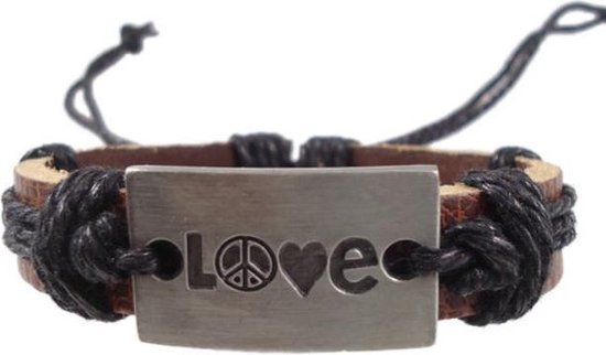 Fako Bijoux® - Leren Armband - Leder - Love Peace - Zwart