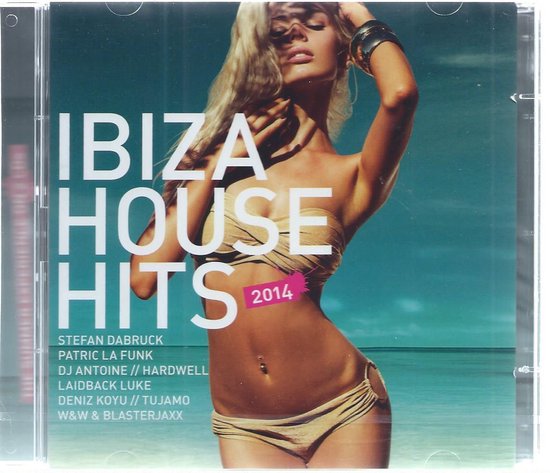 CD hoes met titel 'Ibiza House Hits 2014' en een vrouw in bikini op een strand.