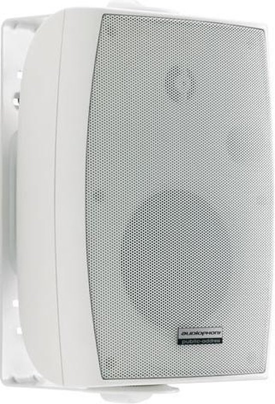 Witte Audiophony publieke speaker met bevestigingsbeugel.