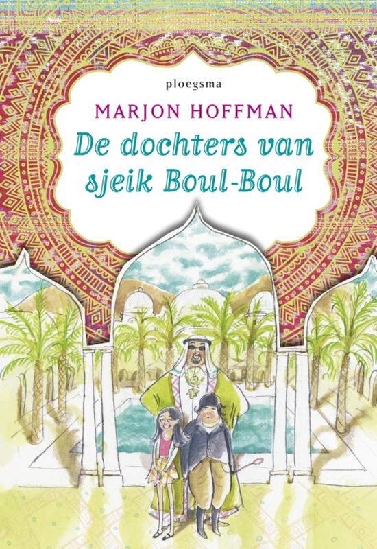 Boekomslag 'De dochters van sjeik Boul-Boul' met een sjeik, twee meisjes en palmbomen.