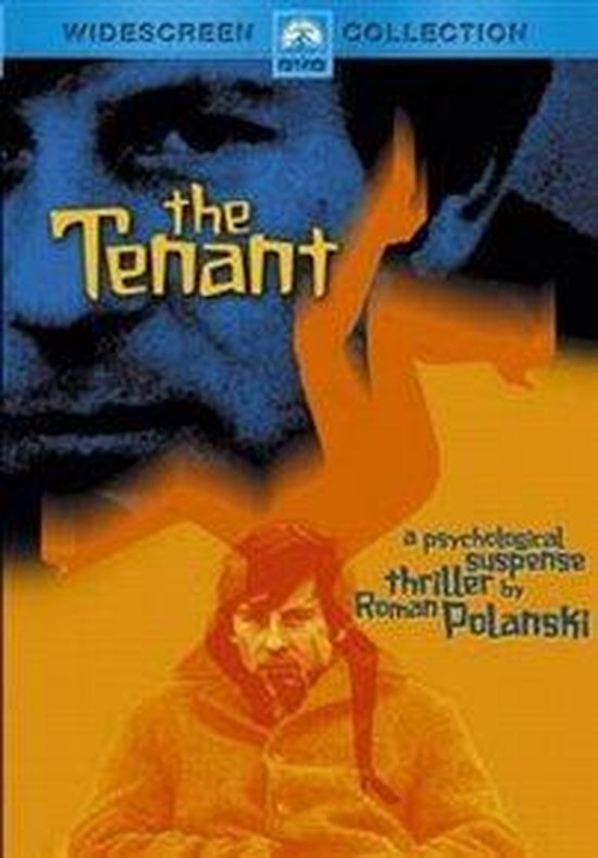 De poster van de film 'The Tenant' toont een close-up van een man in een oranje en blauw kleurenschema. De titel 'The Tenant' staat in gele letters bovenaan.