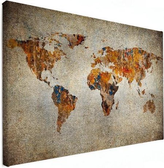 Artistieke wereldkaart op canvas groot 120x90 cm | Wereldkaart Canvas  Schilderij | bol.com