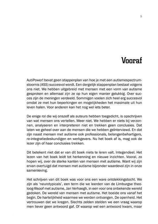 Pagina met tekst, beginnend met 'AutiPower! bevat geen stappenplan van hoe je met een autismespectrumstoornis (ASS) succesvol wordt.'.