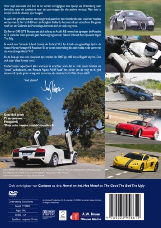 Een collage van de DVD "Clarkson Supercar Showdown": een Bugatti Veyron, coureur, een gecrashte blauwe sportwagen, een rode Ferrari en een gele Lamborghini Gallardo.