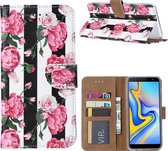 Xssive Hoesje Voor Samsung Galaxy J6 PLUS - Book Case - geschikt voor 3 pasjes - Pioenroos