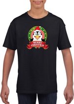 Kerst t-shirt voor kinderen met pinguin print - zwart - Kerst shirts voor jongens en meisjes L (146-152)