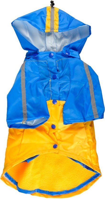 Gele en blauwe hondenjas met capuchon, voor- en achterkant zichtbaar. Reflecterende strepen en knopen.