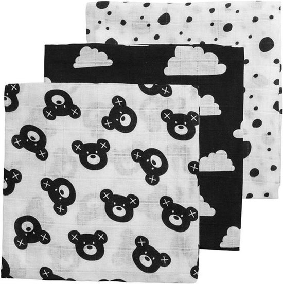 kalmeren Uitpakken Definitie Meyco Bear-Clouds-Dots 3-pack hydrofiele luiers - 70 x 70 cm - Zwart/wit |  bol.com