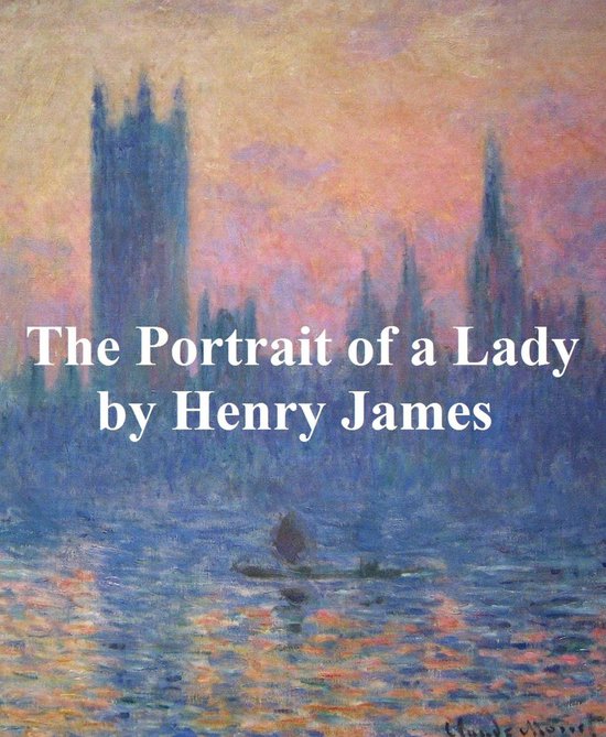 De Londense skyline in impressionistische stijl met de tekst 'The Portrait of a Lady by Henry James'.