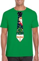 Groen kerst T-shirt voor heren - Kerstman en kerstboom stropdas print XL