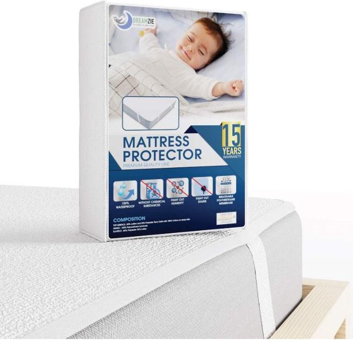 Dreamzie Matrasbeschermer Waterdicht - Voor Matras 120 x 200 cm - Gecertificeerd OEKO-TEX® en Bi-Ome®: Optimale Bescherming, Ademend, Hypoallergeen, Anti-Mite, Anti-Mold Tegen Bacteriën