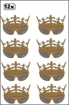 12x Bril glittergoud queens - bril koningin prinses queen goud  carnaval festival thema feest landen optocht
