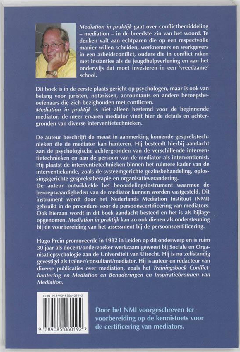 Achterkant boek "Mediation in Praktijk" met foto van Hugo Prein, ISBN en tekst over de inhoud.