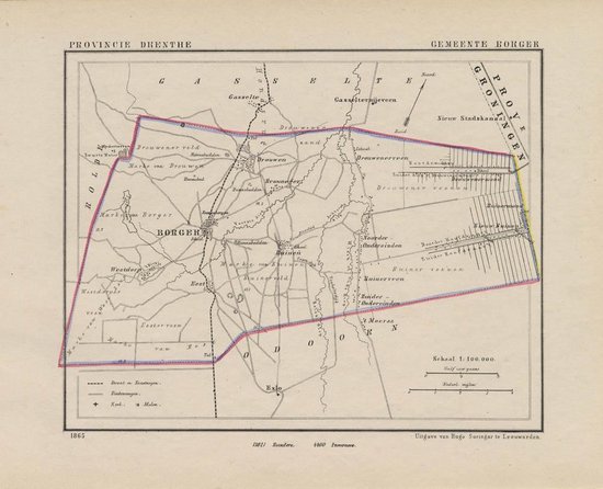 Foto: Historische kaart plattegrond van gemeente borger in drenthe uit 1865 door kuyper van kaartcadeau com