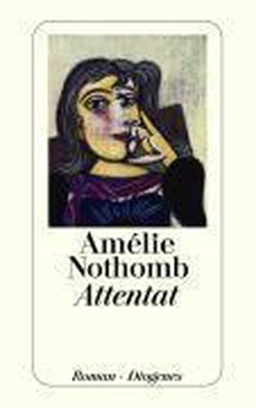 Livre 'Attentat' d'Amélie Nothomb avec un portrait coloré et abstrait d'une femme sur la couverture.